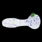 Clear glass pipe with colorful speckled pattern, isolated on a black background.