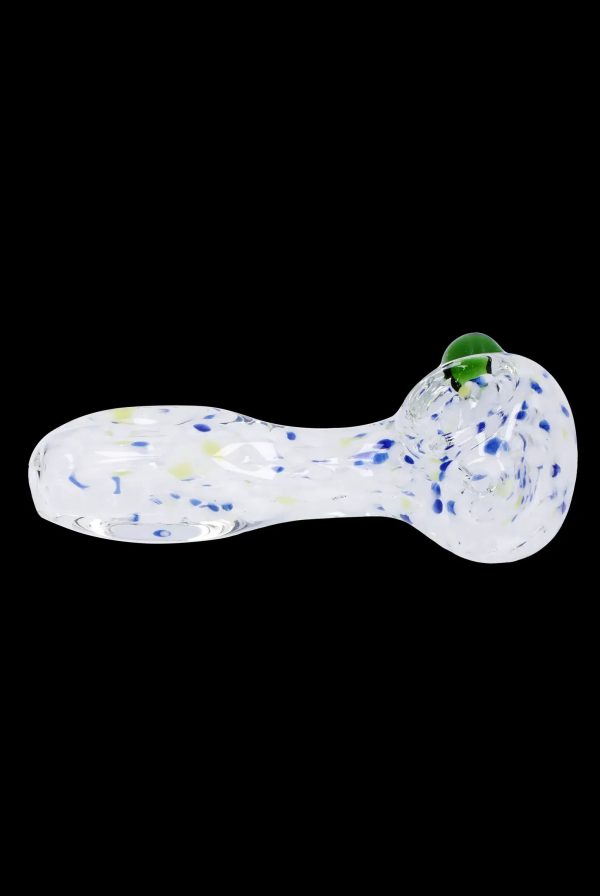 Clear glass pipe with colorful speckled pattern, isolated on a black background.