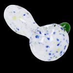 White and blue speckled glass pipe with green mouthpiece.