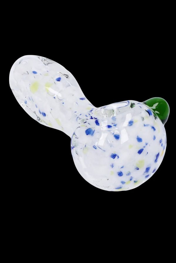 White and blue speckled glass pipe with green mouthpiece.