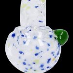 Glass bubbler with blue and green speckles.