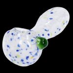 Glass pipe with speckled white and blue pattern and green mouthpiece.