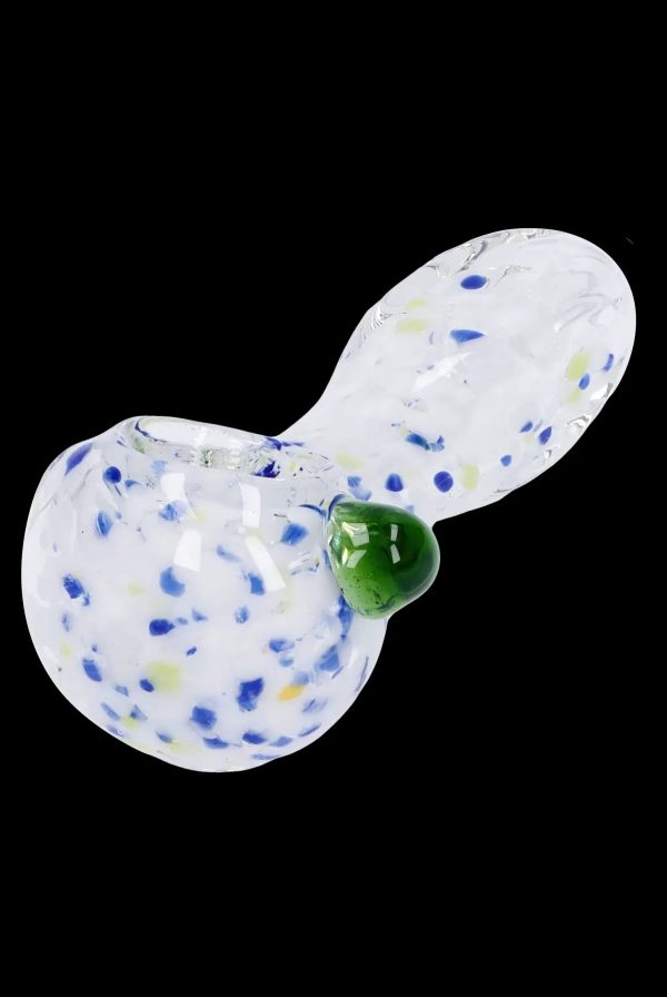 Glass pipe with speckled white and blue pattern and green mouthpiece.