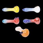 Assorted glass smoking pipes in vibrant colors against a black background.