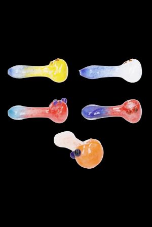 Assorted glass smoking pipes in vibrant colors against a black background.