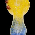 A colorful glass smoking pipe with a speckled yellow and blue gradient.