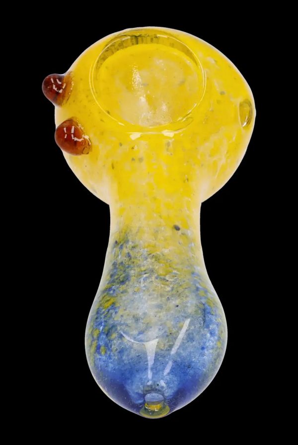 A colorful glass smoking pipe with a speckled yellow and blue gradient.