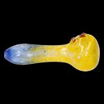 Glass pipe with blue and yellow marbled coloring.