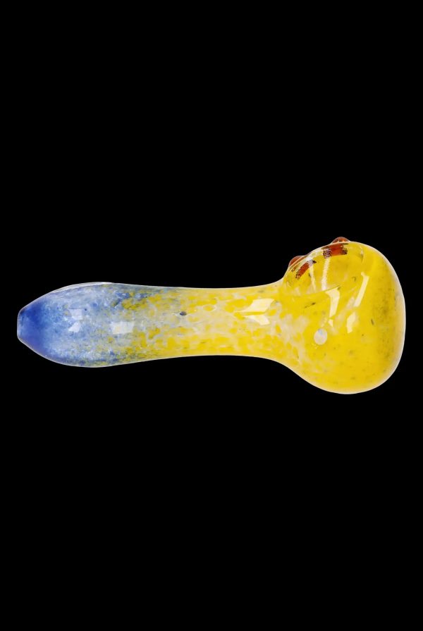 Glass pipe with blue and yellow marbled coloring.