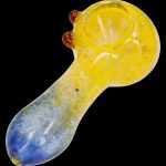 Hand pipe with blue and yellow glass swirls.