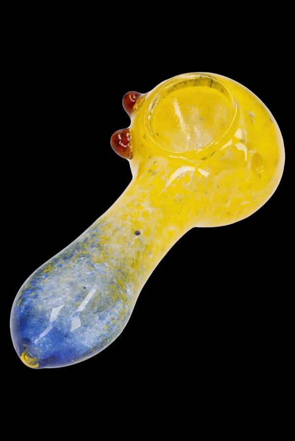 Hand pipe with blue and yellow glass swirls.
