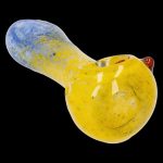 Hand pipe with blue and yellow glass detailing.