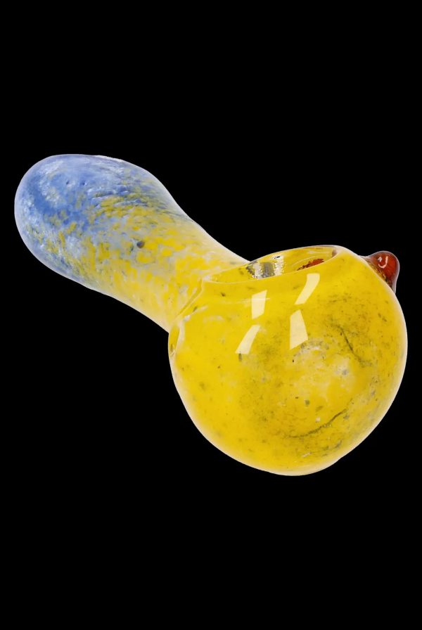 Hand pipe with blue and yellow glass detailing.