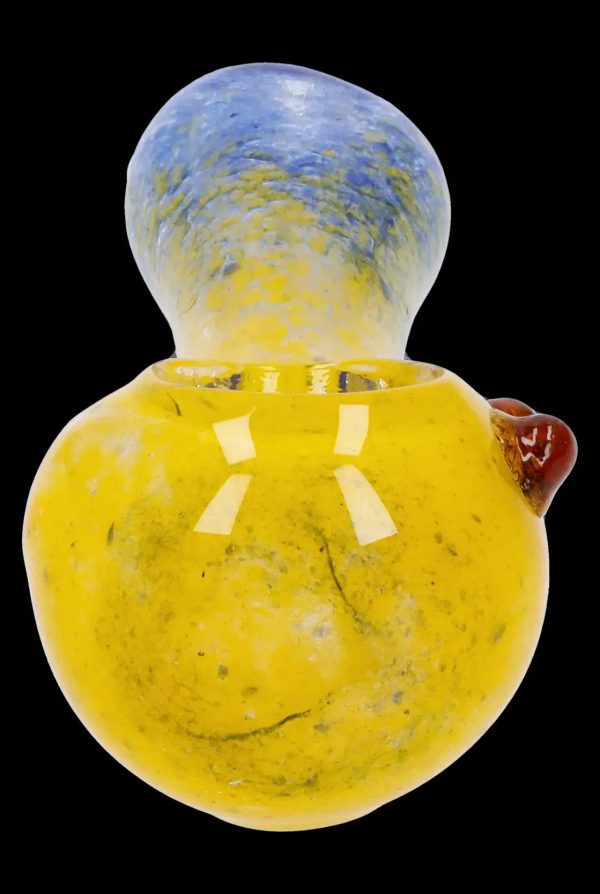 Yellow and blue glass bubbler with visible bowl and mouthpiece.