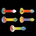 Assortment of colorful glass smoking pipes on a black background.