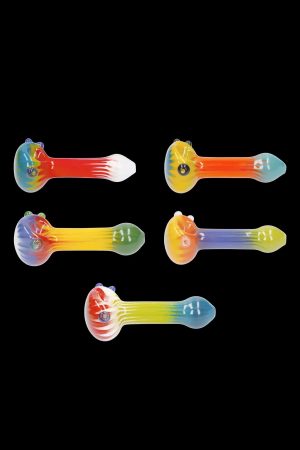 Assortment of colorful glass smoking pipes on a black background.