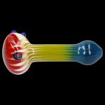 Glass pipe with vibrant red, yellow, and blue swirling colors.