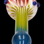 Handblown glass pipe with colorful swirls and bulbous chambers.