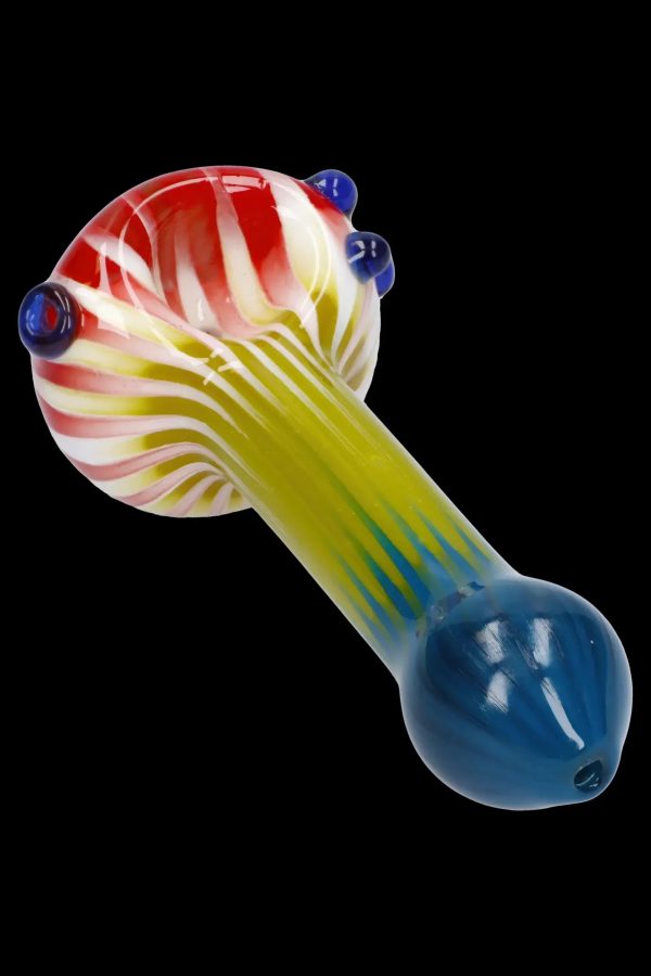 Hand pipe with colorful glass swirls.