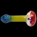 Glass smoking pipe with red, yellow, and blue gradient.