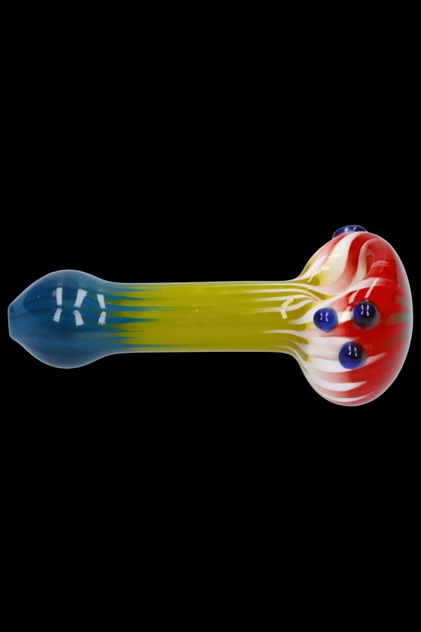 Glass smoking pipe with red, yellow, and blue gradient.