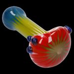 Colorful glass bubbler pipe with blue accents.
