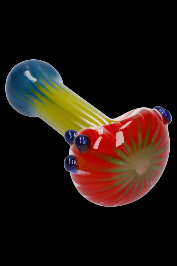 Colorful glass bubbler pipe with blue accents.