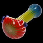 Hand-blown glass pipe with colorful swirls.