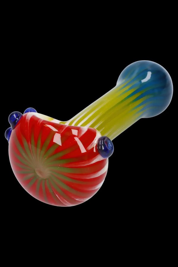 Hand-blown glass pipe with colorful swirls.