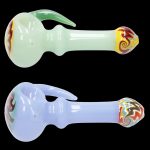 Two glass pipes with colorful swirls, viewed from above on a black background.