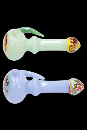 Two glass pipes with colorful swirls, viewed from above on a black background.