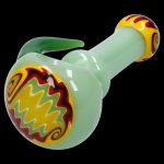 Green glass bubbler with red and yellow flame design.