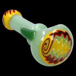 Green glass pipe with red and yellow swirl designs.