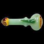 Green glass pipe with colorful spiral accents.