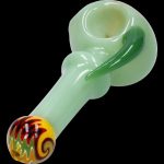 Green glass pipe with colorful swirl design.
