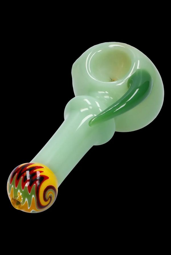 Green glass pipe with colorful swirl design.