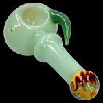 Frosted green glass pipe with colorful swirl accents.