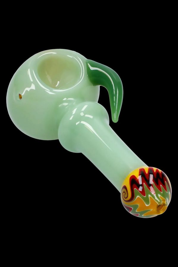 Frosted green glass pipe with colorful swirl accents.