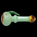 Green glass pipe with colorful swirls and sculpted design.