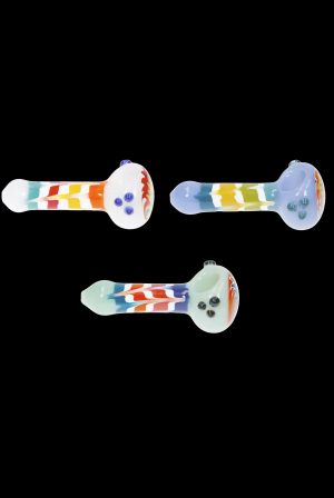 Three colorful silicone smoking pipes against a black background.