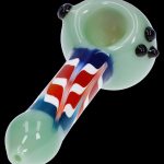 Green glass pipe with red and blue swirl pattern.