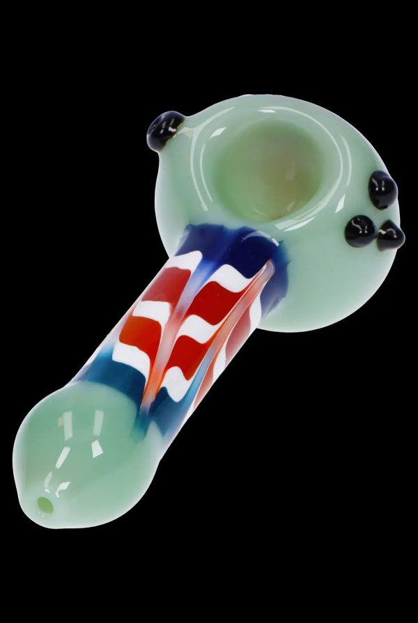 Green glass pipe with red and blue swirl pattern.