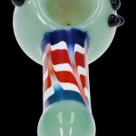Green glass pipe with red, white, and blue striped accent.