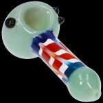 Glass pipe with red, white, and blue striped stem.