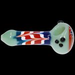 Glass pipe with red, white, and blue striped pattern.
