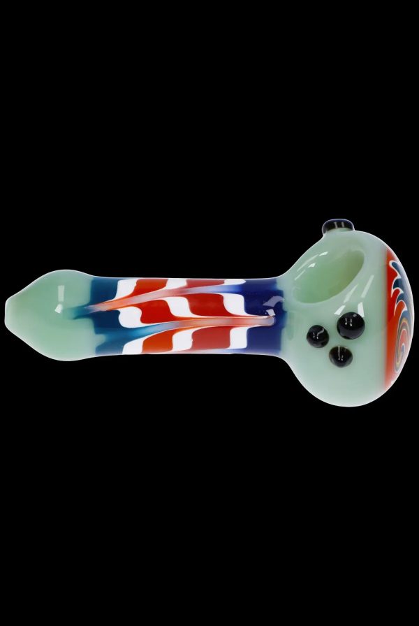 Glass pipe with red, white, and blue striped pattern.