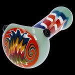 Colorful glass pipe with swirling patterns.
