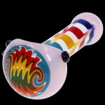 Colorful glass smoking pipe with psychedelic swirl pattern.