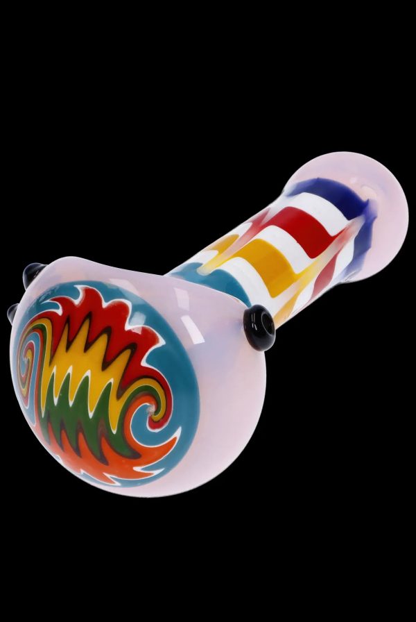 Colorful glass smoking pipe with psychedelic swirl pattern.