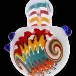 Hand-blown glass bubbler with colorful swirls and blue accents.